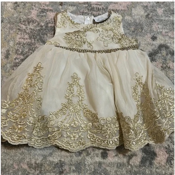 Rare Editions Baby Girl Dress 6-9M Gold Embroidered Holiday Party Outfit - Picture 1 of 6